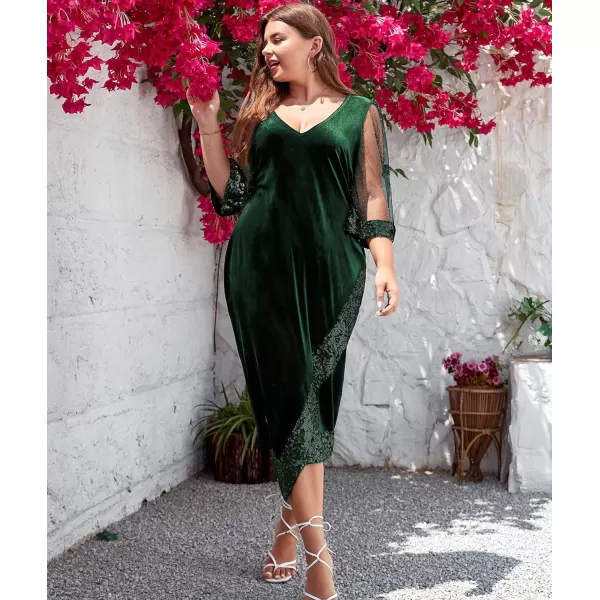 LALAGEN Womens Plus Size Velvet Midi Dresses Sequin V Neck 34 Sleeve Split Wrap Cocktail Wedding Guest Party Dress 1X5XGreen