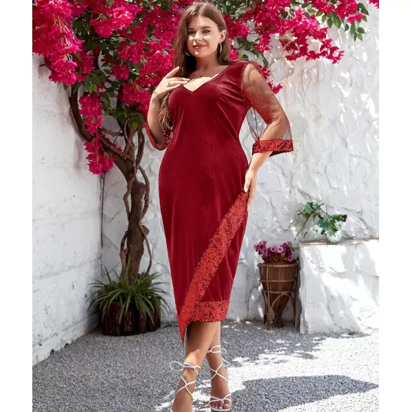 LALAGEN Womens Plus Size Velvet Midi Dresses Sequin V Neck 34 Sleeve Split Wrap Cocktail Wedding Guest Party Dress 1X5XRed