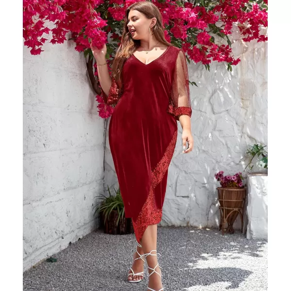 LALAGEN Womens Plus Size Velvet Midi Dresses Sequin V Neck 34 Sleeve Split Wrap Cocktail Wedding Guest Party Dress 1X5XRed