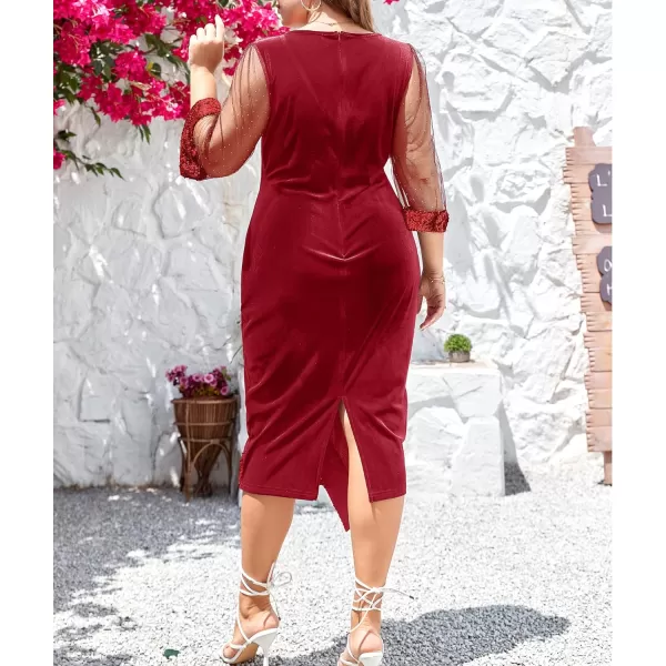 LALAGEN Womens Plus Size Velvet Midi Dresses Sequin V Neck 34 Sleeve Split Wrap Cocktail Wedding Guest Party Dress 1X5XRed