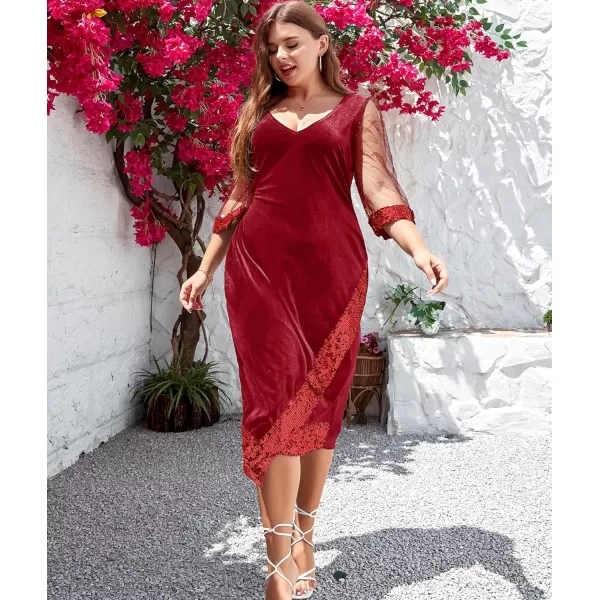 LALAGEN Womens Plus Size Velvet Midi Dresses Sequin V Neck 34 Sleeve Split Wrap Cocktail Wedding Guest Party Dress 1X5XRed