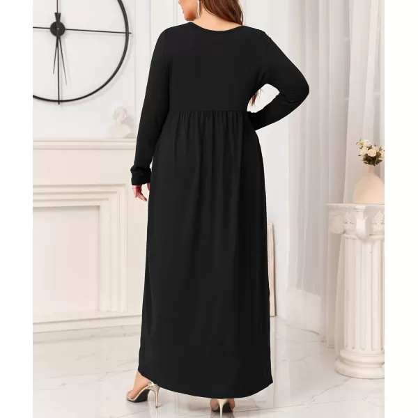 Wolddress Women Plus Size Long Sleeve Maxi Dress Casual Loose Plain Fall Long Flowy Dress with PocketsLong Sleeveblack