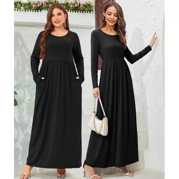 Wolddress Women Plus Size Long Sleeve Maxi Dress Casual Loose Plain Fall Long Flowy Dress with PocketsLong Sleeveblack