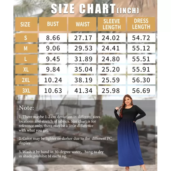 Wolddress Women Plus Size Long Sleeve Maxi Dress Casual Loose Plain Fall Long Flowy Dress with PocketsLong Sleeveblack Blue