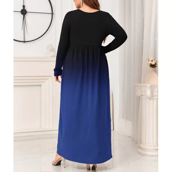 Wolddress Women Plus Size Long Sleeve Maxi Dress Casual Loose Plain Fall Long Flowy Dress with PocketsLong Sleeveblack Blue