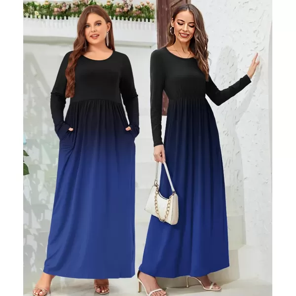 Wolddress Women Plus Size Long Sleeve Maxi Dress Casual Loose Plain Fall Long Flowy Dress with PocketsLong Sleeveblack Blue