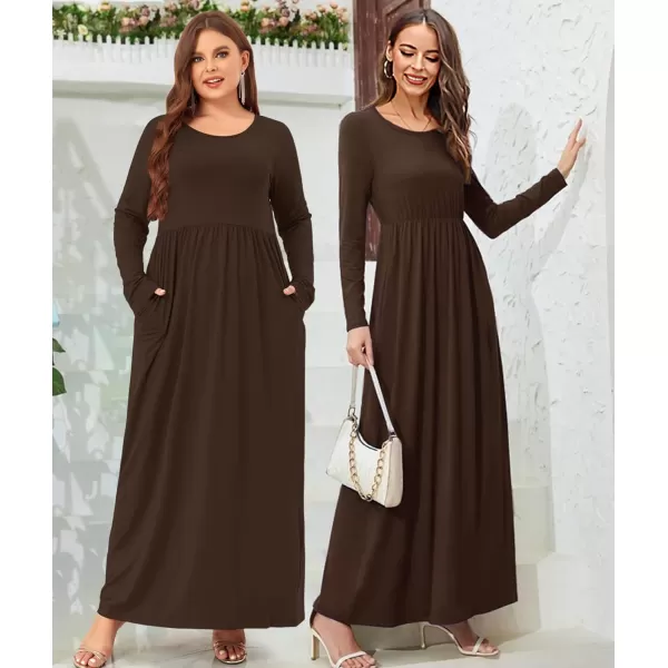 Wolddress Women Plus Size Long Sleeve Maxi Dress Casual Loose Plain Fall Long Flowy Dress with PocketsLong Sleevebrown