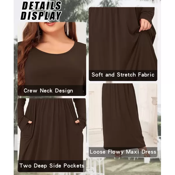 Wolddress Women Plus Size Long Sleeve Maxi Dress Casual Loose Plain Fall Long Flowy Dress with PocketsLong Sleevebrown