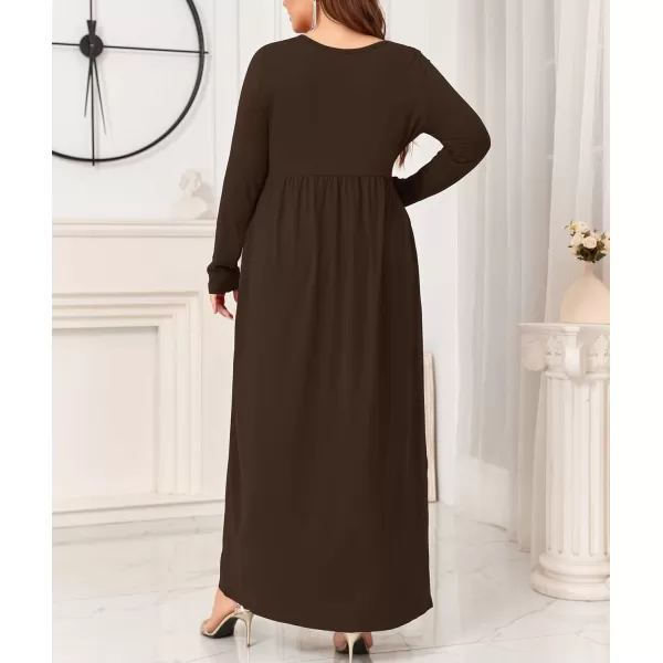 Wolddress Women Plus Size Long Sleeve Maxi Dress Casual Loose Plain Fall Long Flowy Dress with PocketsLong Sleevebrown