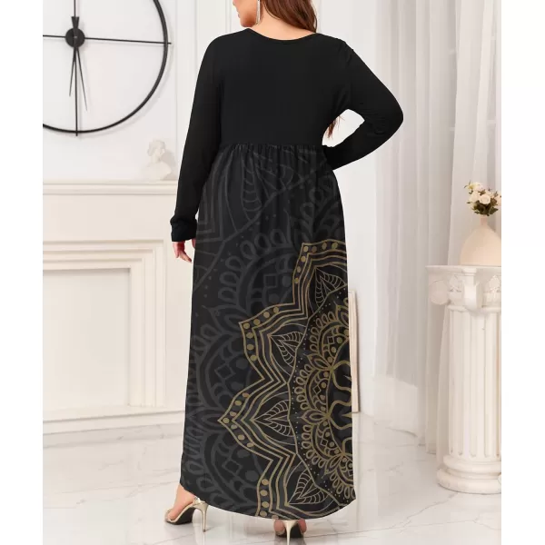 Wolddress Women Plus Size Long Sleeve Maxi Dress Casual Loose Plain Fall Long Flowy Dress with PocketsLong Sleevemandala Black