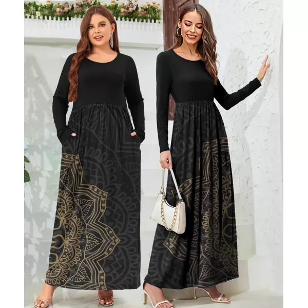 Wolddress Women Plus Size Long Sleeve Maxi Dress Casual Loose Plain Fall Long Flowy Dress with PocketsLong Sleevemandala Black