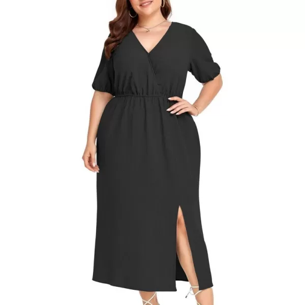 LALAGEN 2023 Plus Size Summer Dress for Women Casual Puff Sleeve V Neck Split Pocket Midi Dresses 1X6XBlack