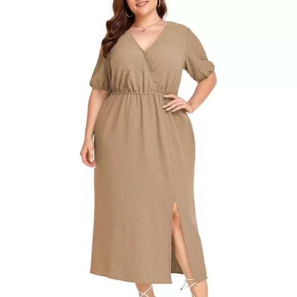 LALAGEN 2023 Plus Size Summer Dress for Women Casual Puff Sleeve V Neck Split Pocket Midi Dresses 1X6XKhaki