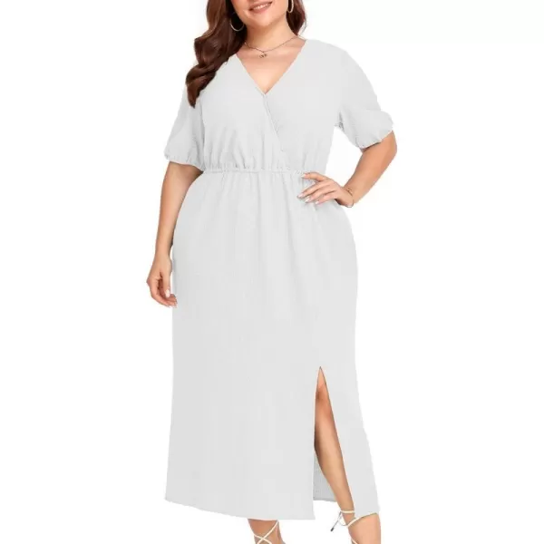 LALAGEN 2023 Plus Size Summer Dress for Women Casual Puff Sleeve V Neck Split Pocket Midi Dresses 1X6XWhite