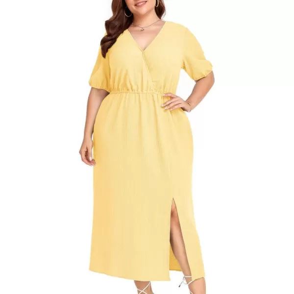 LALAGEN 2023 Plus Size Summer Dress for Women Casual Puff Sleeve V Neck Split Pocket Midi Dresses 1X6XYellow