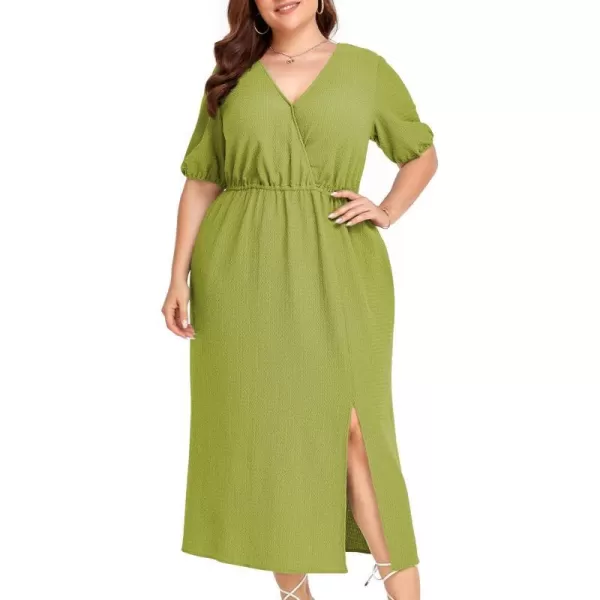 LALAGEN 2024 Plus Size Summer Dress for Women Casual Puff Sleeve V Neck Split Pocket Midi Dresses 1X6XApple Green