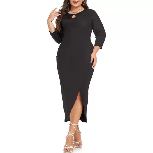 LALAGEN Plus Size Bodycon Maxi Dress for Women 34 Sleeve Colorblock Split Business Sheath Pencil Dress 1X6XBlack