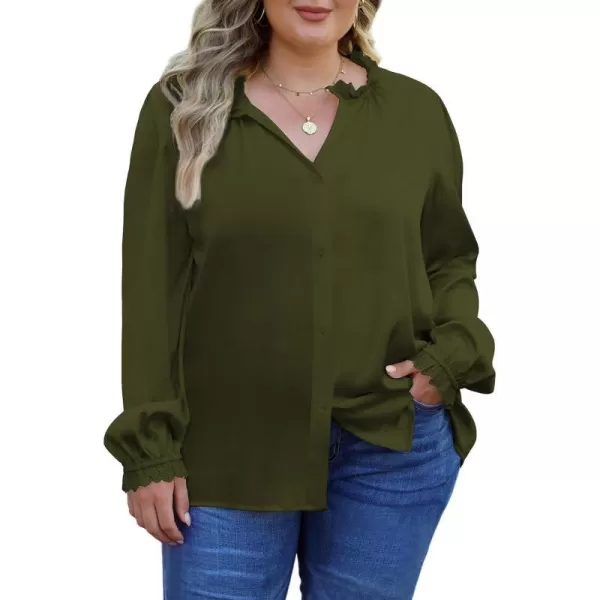 LALAGEN Plus Size Button Down Shirts Satin Tops for Women Long Lantern Sleeve V Neck Tunic Fall Tops Casual Work Blouse 1X5XArmy Green