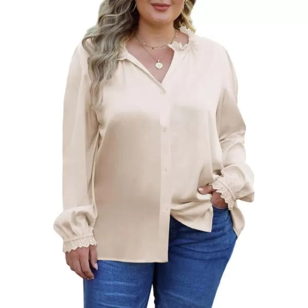 LALAGEN Plus Size Button Down Shirts Satin Tops for Women Long Lantern Sleeve V Neck Tunic Fall Tops Casual Work Blouse 1X5XBasic Champagne