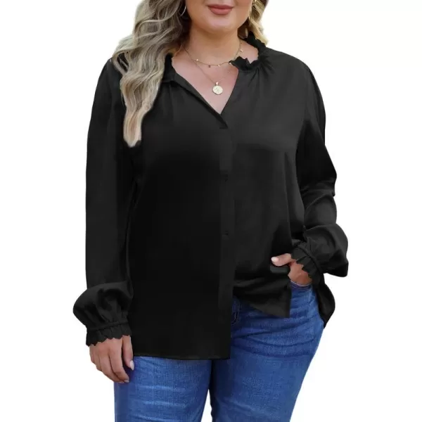 LALAGEN Plus Size Button Down Shirts Satin Tops for Women Long Lantern Sleeve V Neck Tunic Fall Tops Casual Work Blouse 1X5XBlack