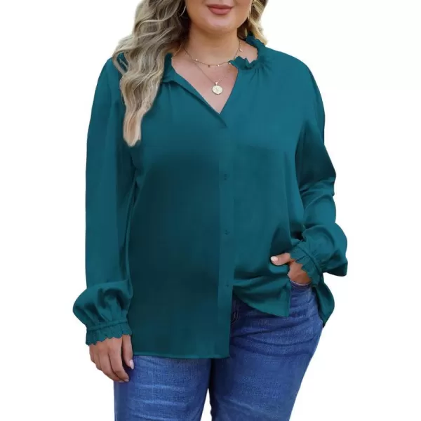 LALAGEN Plus Size Button Down Shirts Satin Tops for Women Long Lantern Sleeve V Neck Tunic Fall Tops Casual Work Blouse 1X5XPeacock Blue