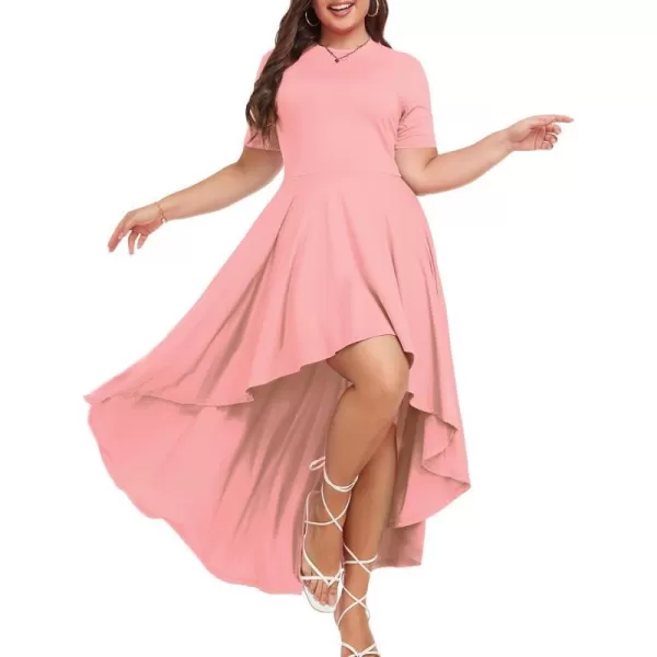 LALAGEN Plus Size Maxi Dress for Women Casual Short Sleeve Ruffle Flowy High Low Summer Long Dress 1X6XPink