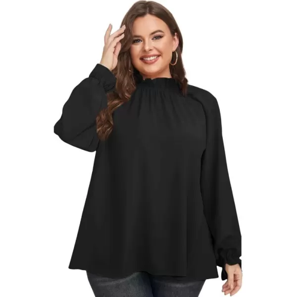 LALAGEN Plus Size Puff Long Sleeve Tops for Women Casual Frill Mock Neck Ruffled Blouse Loose Fit Tunic Shirts 1X5XAblack