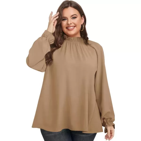 LALAGEN Plus Size Puff Long Sleeve Tops for Women Casual Frill Mock Neck Ruffled Blouse Loose Fit Tunic Shirts 1X5XBrown