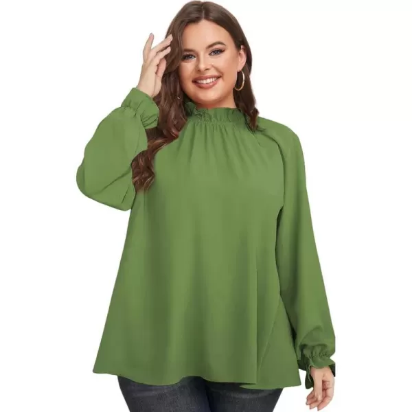 LALAGEN Plus Size Puff Long Sleeve Tops for Women Casual Frill Mock Neck Ruffled Blouse Loose Fit Tunic Shirts 1X5XGreen