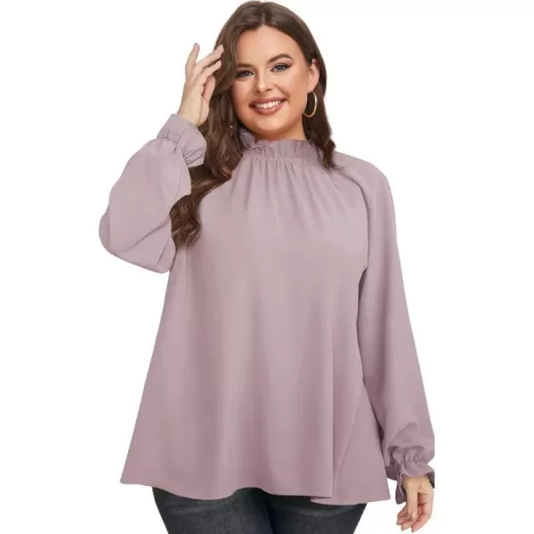 LALAGEN Plus Size Puff Long Sleeve Tops for Women Casual Frill Mock Neck Ruffled Blouse Loose Fit Tunic Shirts 1X5XPurple