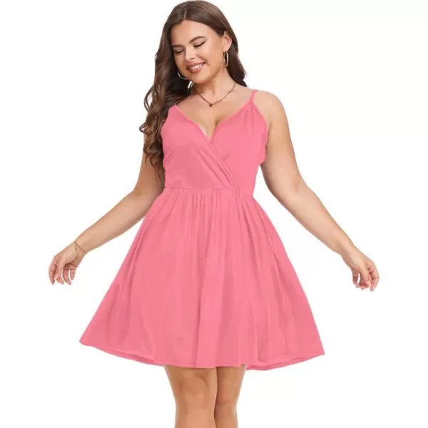 LALAGEN Plus Size Summer Dress for Women Spaghetti Strap Wrap V Neck Swing Beach Mini Sundress 1X6XPink