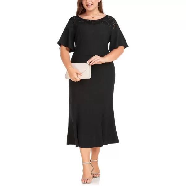 LALAGEN Womens 2023 Plus Size Wedding Guest Midi Dress Lace Patchwork Elegant Ruffle Short Sleeve Flare Cocktail Party DressBlack