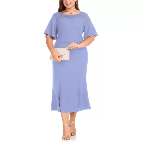 LALAGEN Womens 2023 Plus Size Wedding Guest Midi Dress Lace Patchwork Elegant Ruffle Short Sleeve Flare Cocktail Party DressBlue