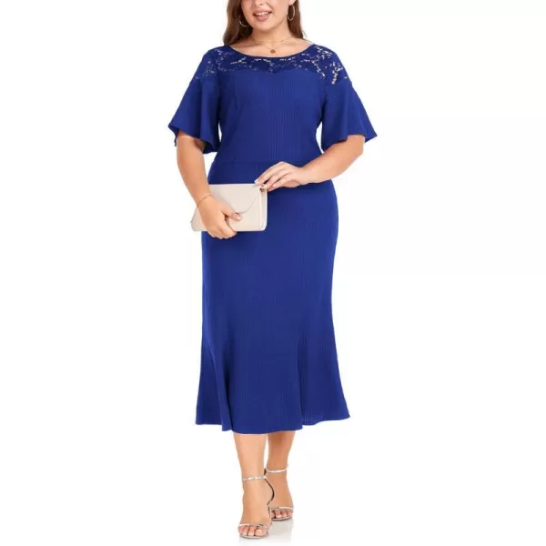 LALAGEN Womens 2023 Plus Size Wedding Guest Midi Dress Lace Patchwork Elegant Ruffle Short Sleeve Flare Cocktail Party DressRoyal Blue