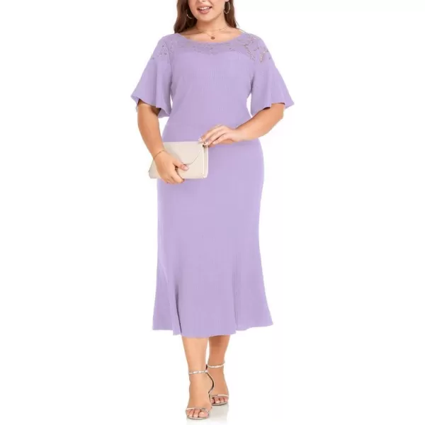 LALAGEN Womens 2023 Plus Size Wedding Guest Midi Dress Lace Patchwork Elegant Ruffle Short Sleeve Flare Cocktail Party DressTaro Purple