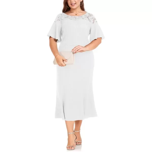 LALAGEN Womens 2023 Plus Size Wedding Guest Midi Dress Lace Patchwork Elegant Ruffle Short Sleeve Flare Cocktail Party DressWhite