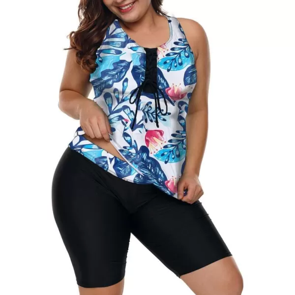 LALAGEN Womens 2024 Plus Size Tankini Swimsuits Rash Guard Capris Athletic Two Piece Swimwear Bathing Suits S5XBlue Leaf