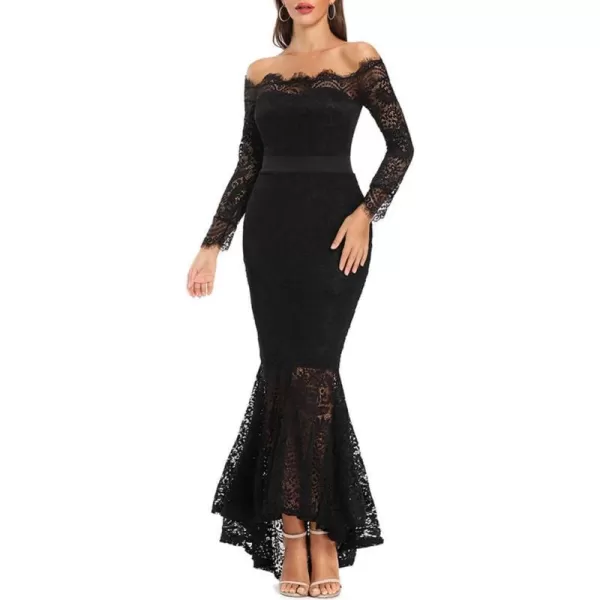 LALAGEN Womens Floral Lace Long Sleeve Off Shoulder Wedding Mermaid DressBlack