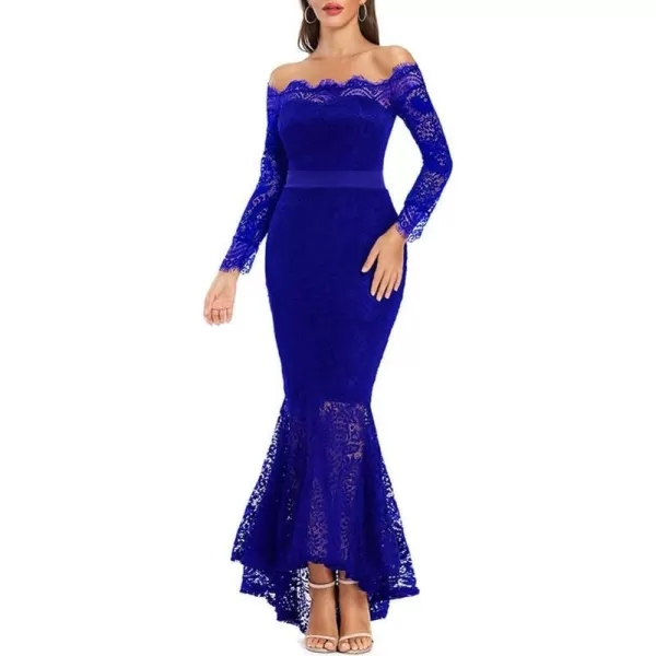 LALAGEN Womens Floral Lace Long Sleeve Off Shoulder Wedding Mermaid DressBlue