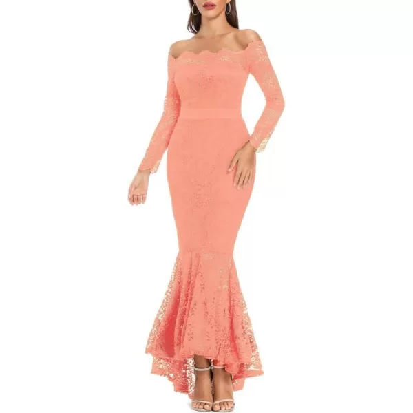 LALAGEN Womens Floral Lace Long Sleeve Off Shoulder Wedding Mermaid DressPink