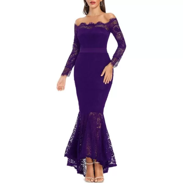 LALAGEN Womens Floral Lace Long Sleeve Off Shoulder Wedding Mermaid DressPurple