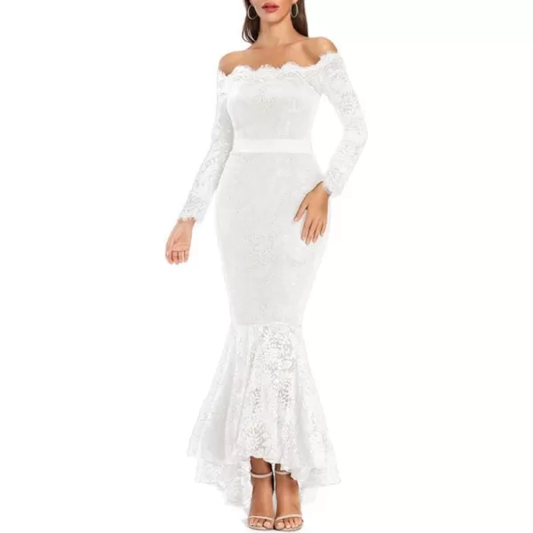 LALAGEN Womens Floral Lace Long Sleeve Off Shoulder Wedding Mermaid DressWhite