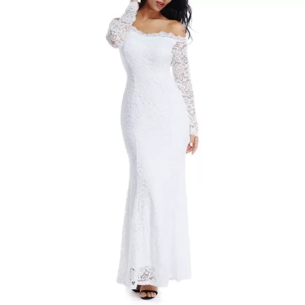 LALAGEN Womens Floral Lace Long Sleeve Off Shoulder Wedding Mermaid DressWhite1