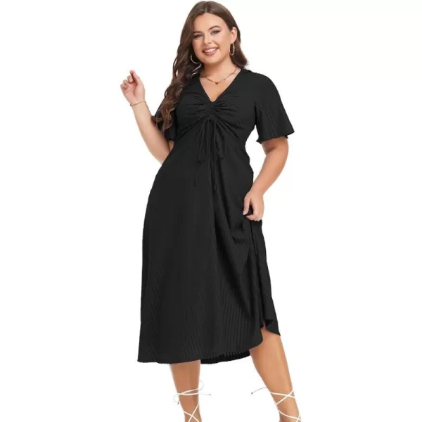 LALAGEN Womens Plus Size Boho Summer Midi Dress 2023 Flutter Short Sleeve Drawstring V Neck Flowy Beach Long Dress 1X6XBlack