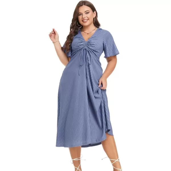 LALAGEN Womens Plus Size Boho Summer Midi Dress 2023 Flutter Short Sleeve Drawstring V Neck Flowy Beach Long Dress 1X6XBlue