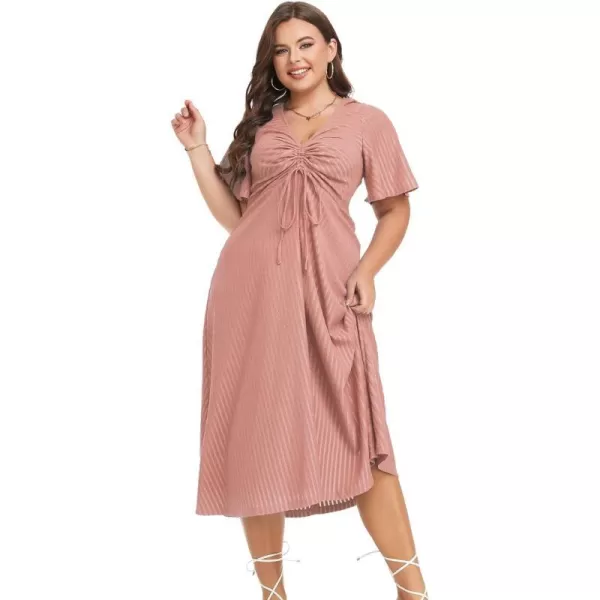 LALAGEN Womens Plus Size Boho Summer Midi Dress 2023 Flutter Short Sleeve Drawstring V Neck Flowy Beach Long Dress 1X6XDusty Rose