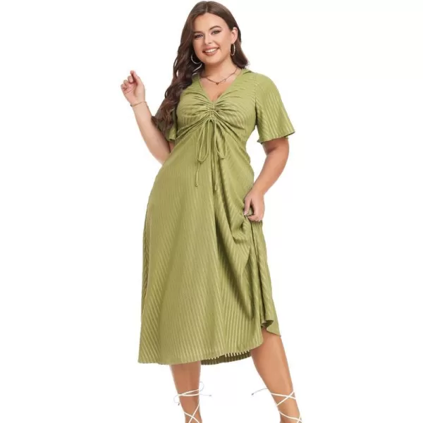 LALAGEN Womens Plus Size Boho Summer Midi Dress 2023 Flutter Short Sleeve Drawstring V Neck Flowy Beach Long Dress 1X6XGreen