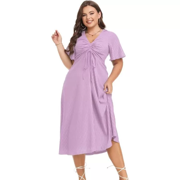 LALAGEN Womens Plus Size Boho Summer Midi Dress 2023 Flutter Short Sleeve Drawstring V Neck Flowy Beach Long Dress 1X6XLilac