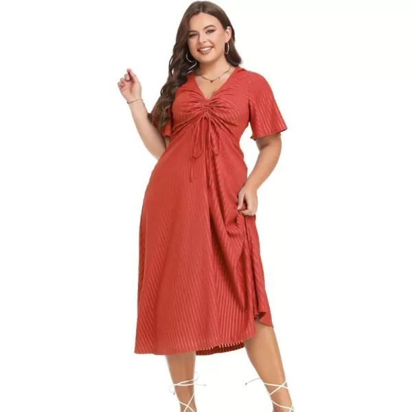 LALAGEN Womens Plus Size Boho Summer Midi Dress 2023 Flutter Short Sleeve Drawstring V Neck Flowy Beach Long Dress 1X6XRed