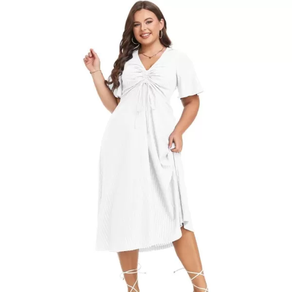 LALAGEN Womens Plus Size Boho Summer Midi Dress 2023 Flutter Short Sleeve Drawstring V Neck Flowy Beach Long Dress 1X6XWhite